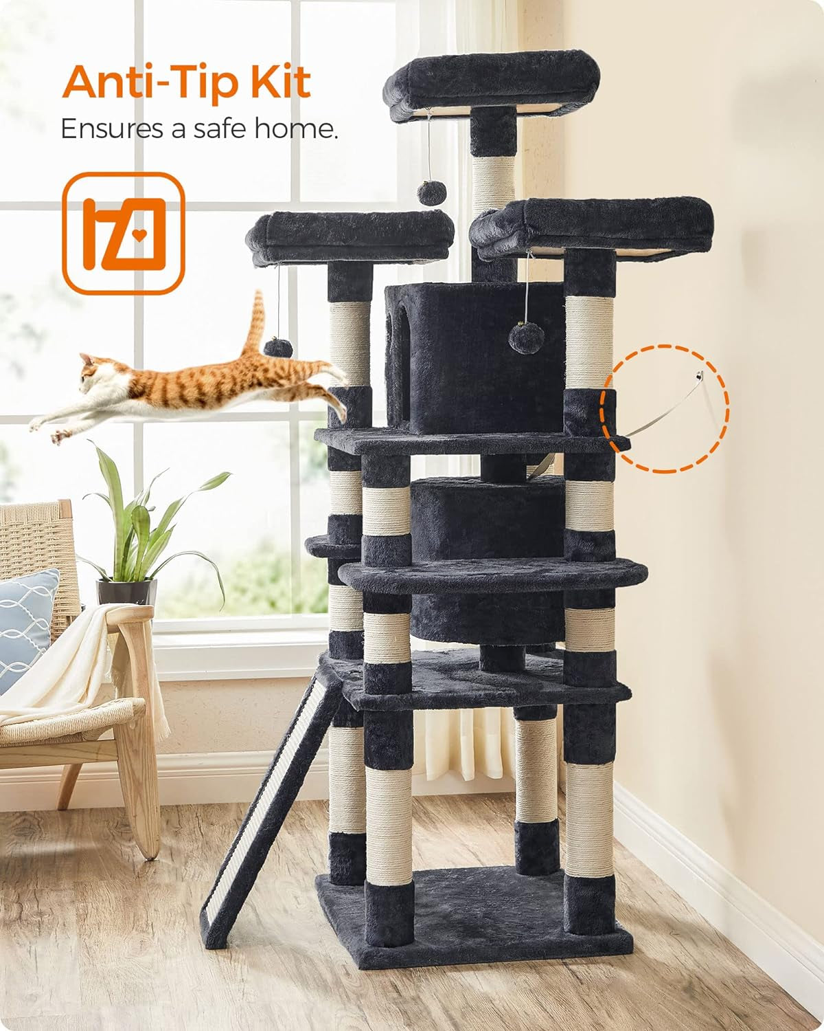 67 Inches Multi-Level Cat Tree for Large Cats, with Cozy Perches, Stable, Smoky Gray UPCT18G
