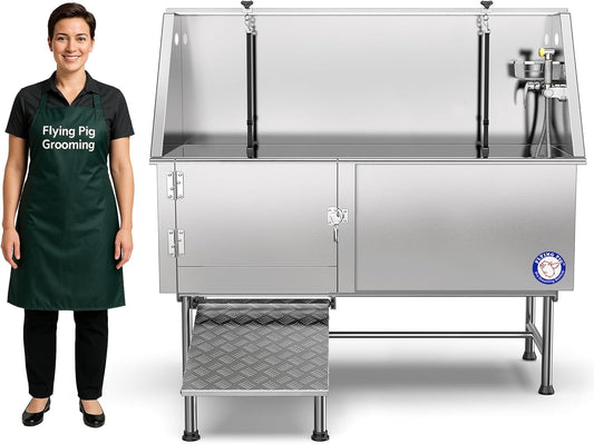 Flying Pig 62" Stainless Steel Pet Dog Grooming Bath Tub with Walk-In Ramp & Accessories (Left Door/Right Drain)