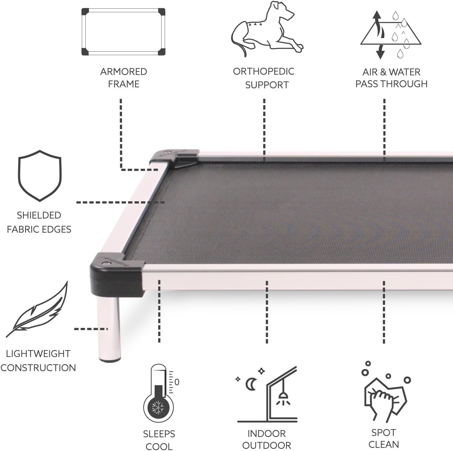 Chew Proof Elevated Cooling Dog Bed - Made for Aggressive Chewers, Virtually Indestructible, Mesh Sling with No Padding, Pre-Assembled - Small, Black Mesh