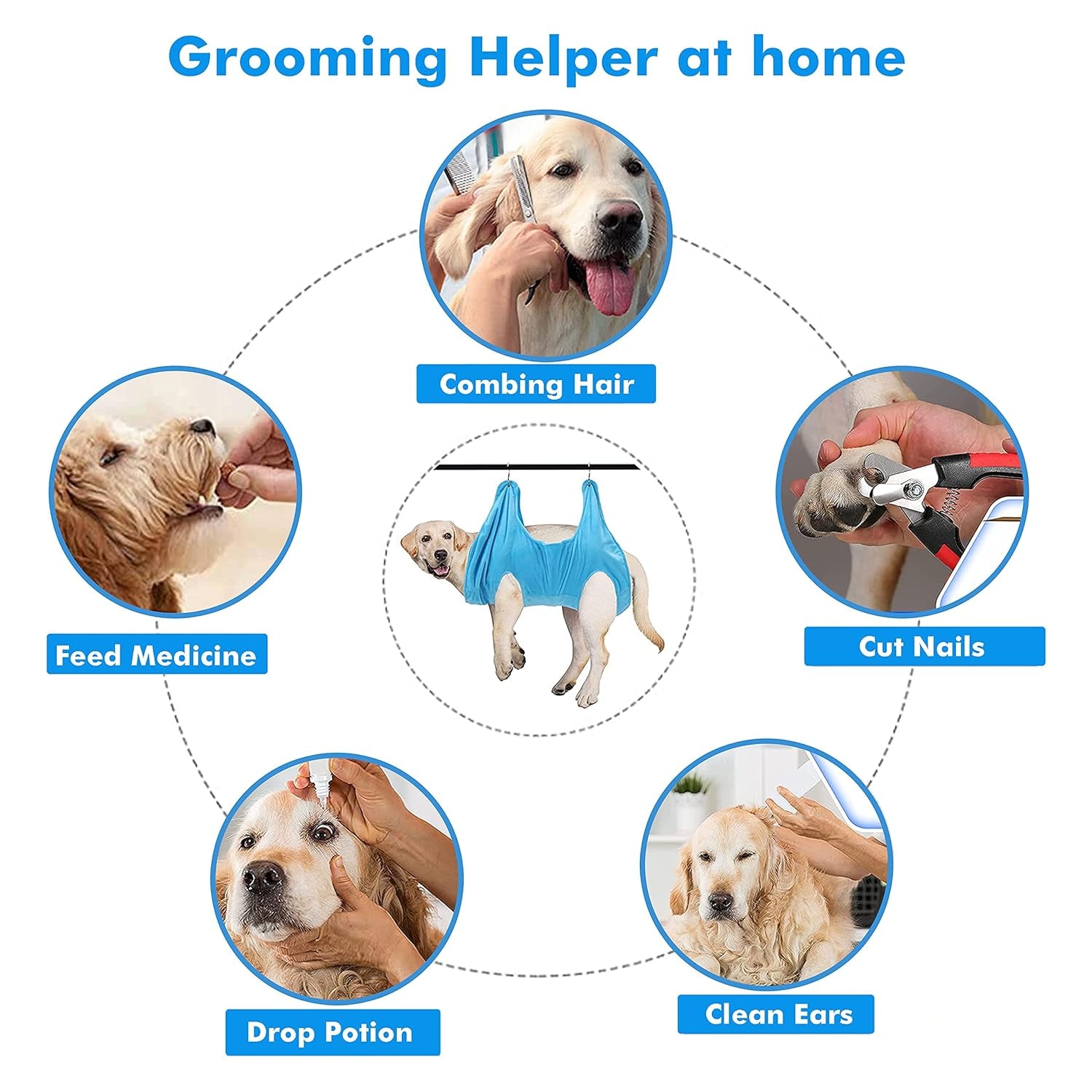 Pet Grooming Hammock Harness, Dogs & Cats Relaxation Restraint Grooming Bag with Pet Nail Clippers/Trimmer, Pet Comb, Dog Grooming Brush for Nail Clipping,Bathing, Clean Teeth, Ear/Eye Care L