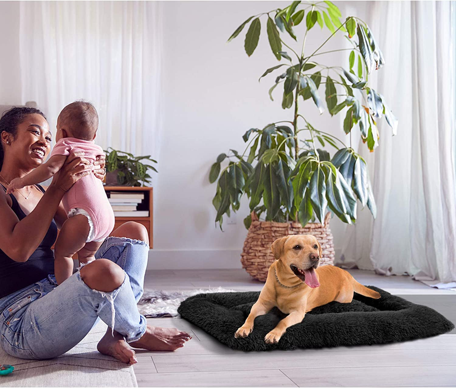 Dog Beds Calming Pet Beds, Fulffy Dog Kennel Mat Pad Faux Fur Machine Washable Anti-Slip Comfy Dog Beds for Large Medium Dogs and Cats