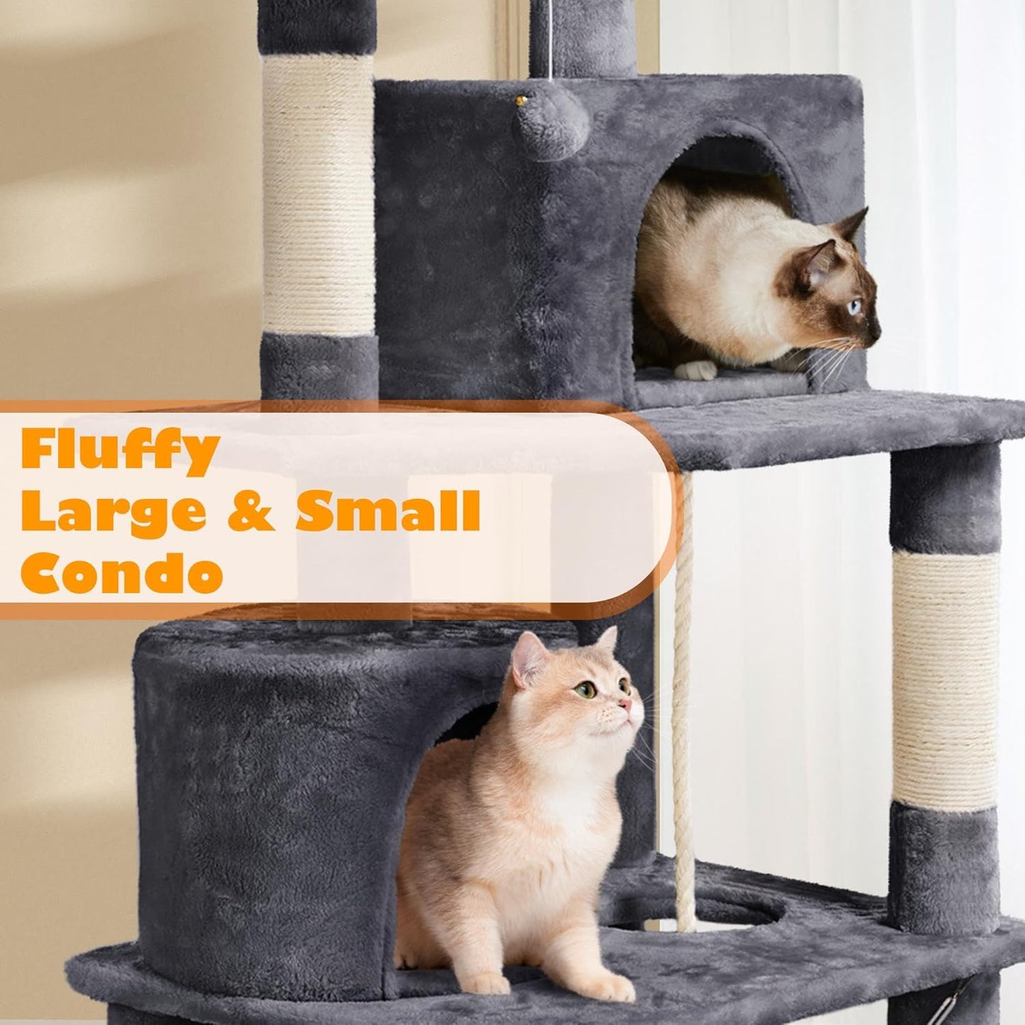 62.5Inches Cat Tree Cat Tower Cat Condo with Platform & Hammock, Scratching Posts for Kittens Pet Play House with Plush Perch for Indoor Activity Relaxing, Dark Gray