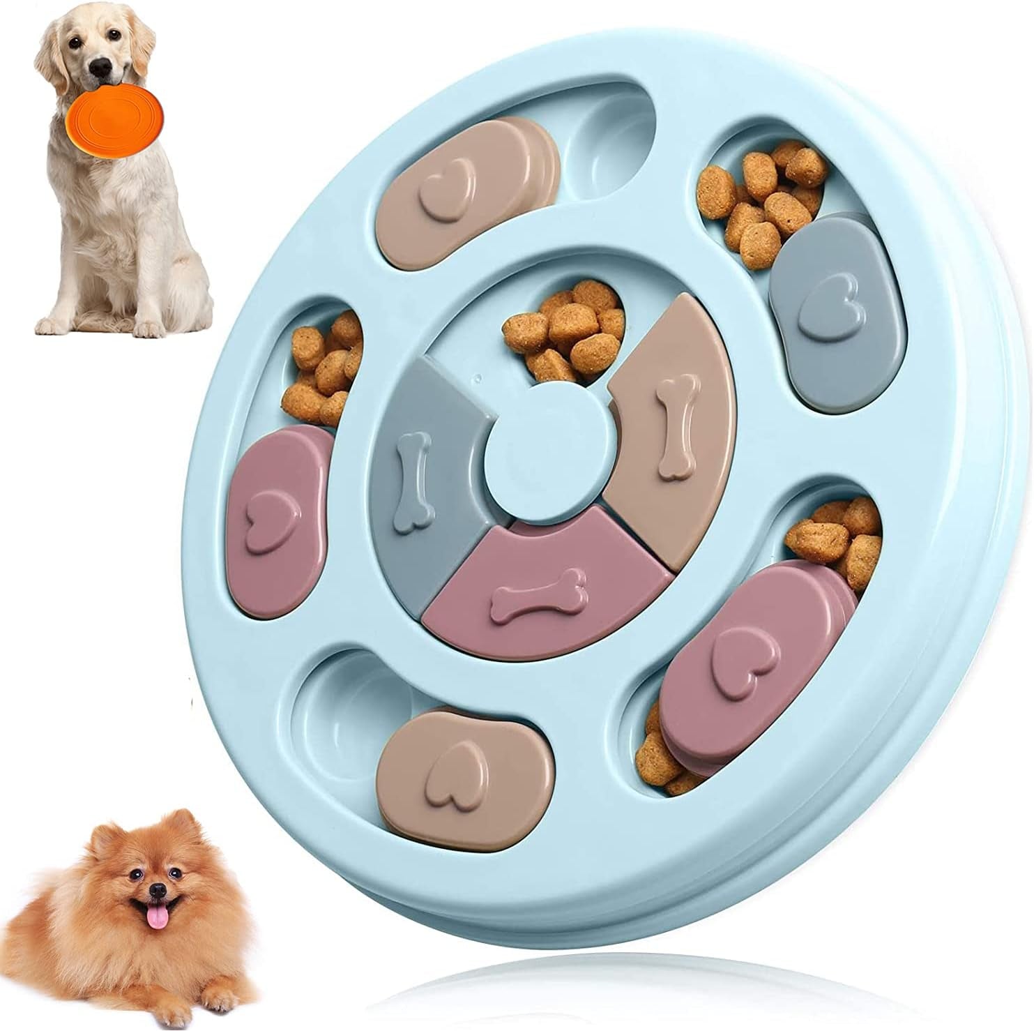 Dog Puzzle Toys and Flying Turntable Toy Sets, Interactive Training Treats Dog Toys, Slow Feeder Dog Toys to Aid Pets Digestion, Prevent Puppy Dogs Boredom and Anxiety (Blue, Round)