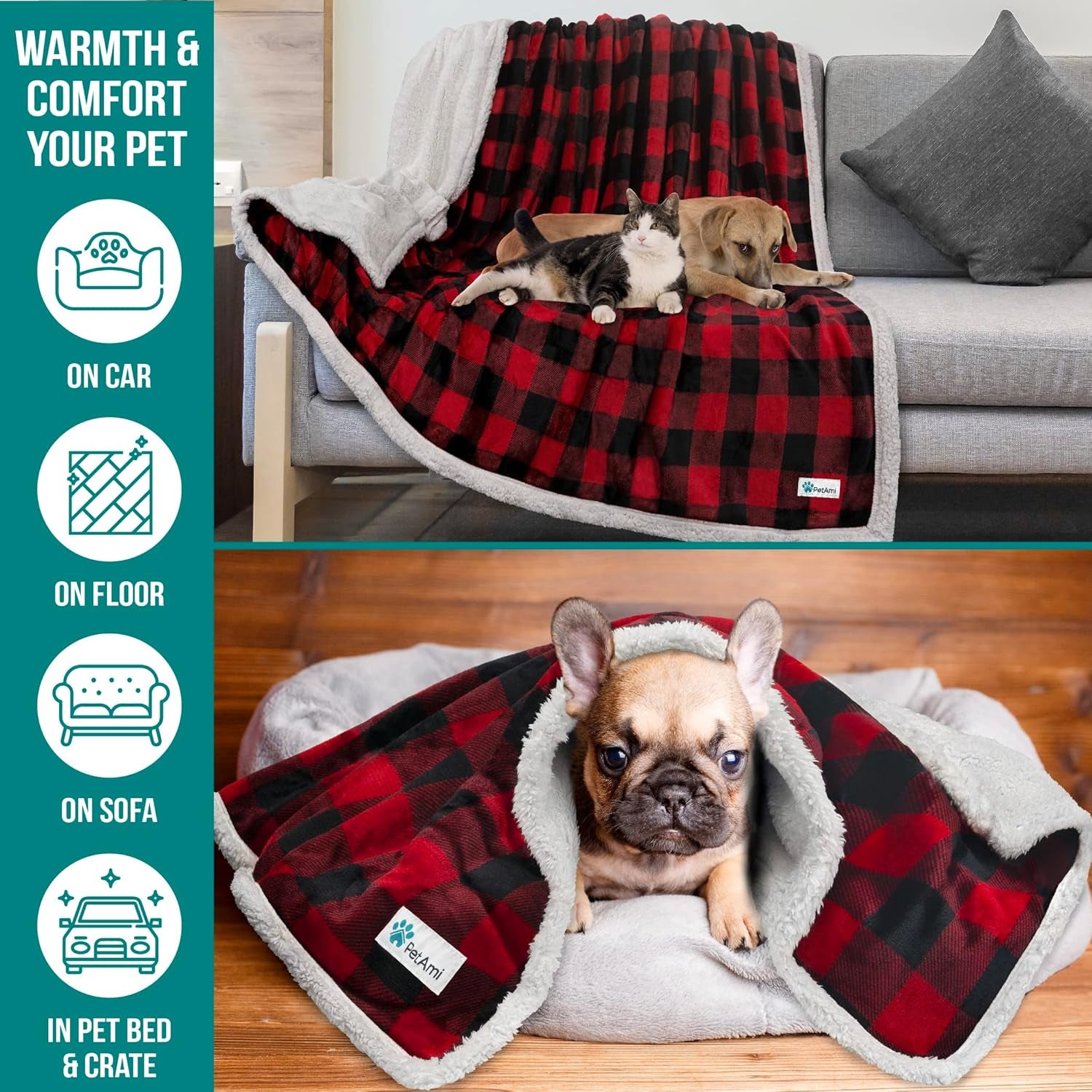 Dog Blanket for Medium Large Dogs, Pet Bed Blanket Cat Puppy Kitten, Fleece Furniture Couch Cover Protector Sofa Car, Soft Sherpa Dog Throw Plush Reversible Washable, 40X60 Checker Red