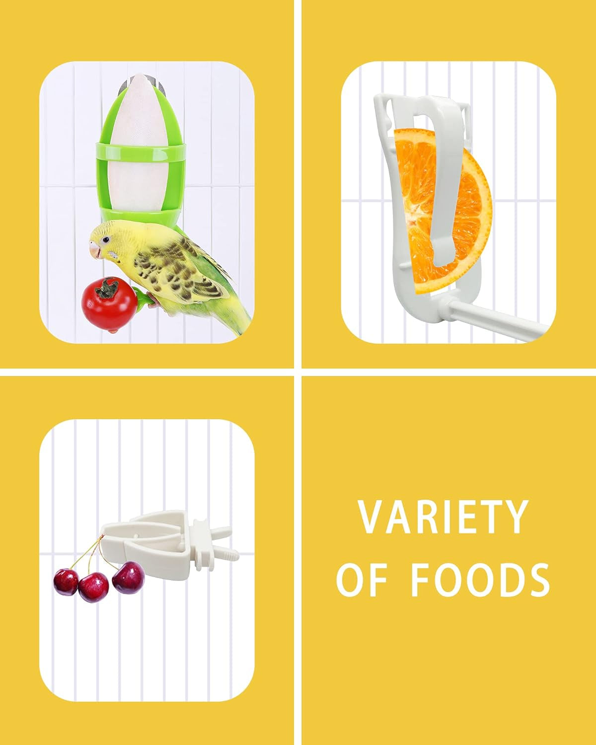 Bird Food Holder with 2 Cuttlebone, Bird Feeding Cup Rack Plastic Bird Cage Feeder with Stand, Vegetable Fruits Cuttlebone Holder for Parrot Budgies Parakeet Cockatiel Chicken