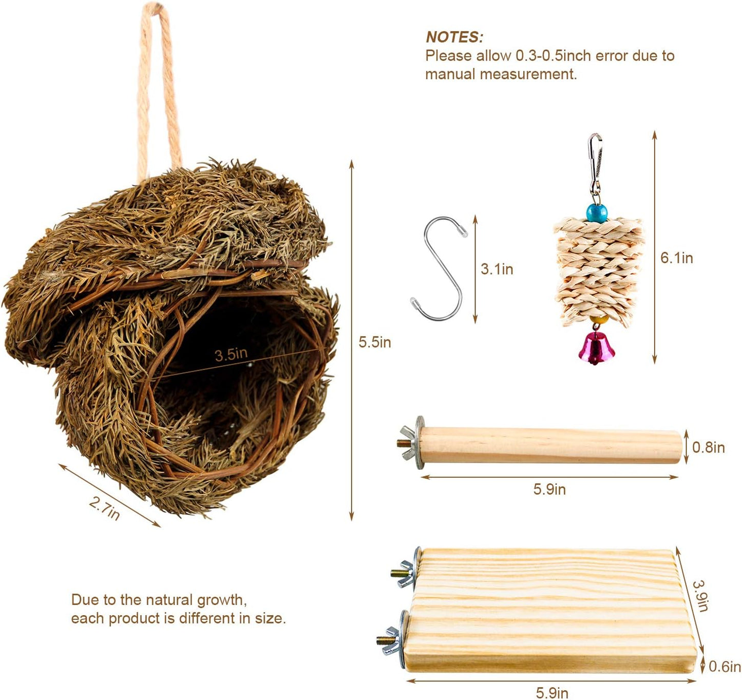 Hummingbird Bird Nest, Handwoven Straw Grass Hanging Bird Hut Grass Woven Parakeet Breeding Cave Cozy Resting Place Sparrow House for Cockatiel Parrots Parakeet Conures Finch (H02)