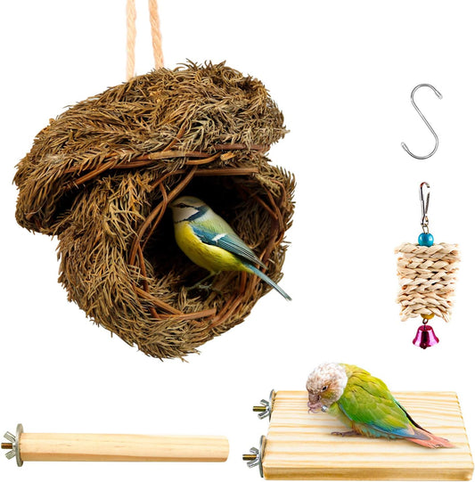 Hummingbird Bird Nest, Handwoven Straw Grass Hanging Bird Hut Grass Woven Parakeet Breeding Cave Cozy Resting Place Sparrow House for Cockatiel Parrots Parakeet Conures Finch (H02)