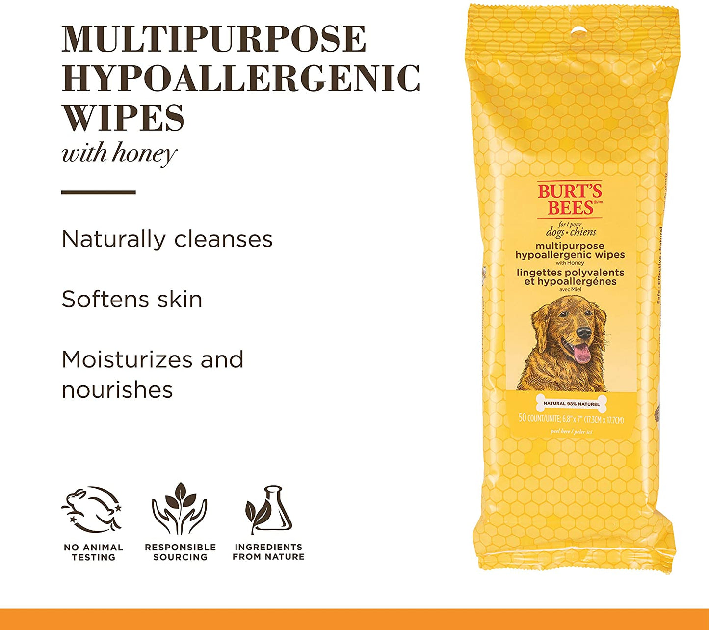 for Pets Multipurpose Dog Wipes with with Honey, 98% Natural Origin Formulas, Hypoallergenic Dog Wipes Cleaning, Dog Cleaning Wipes, Dog Wipes for Paws and Butt, 50Ct