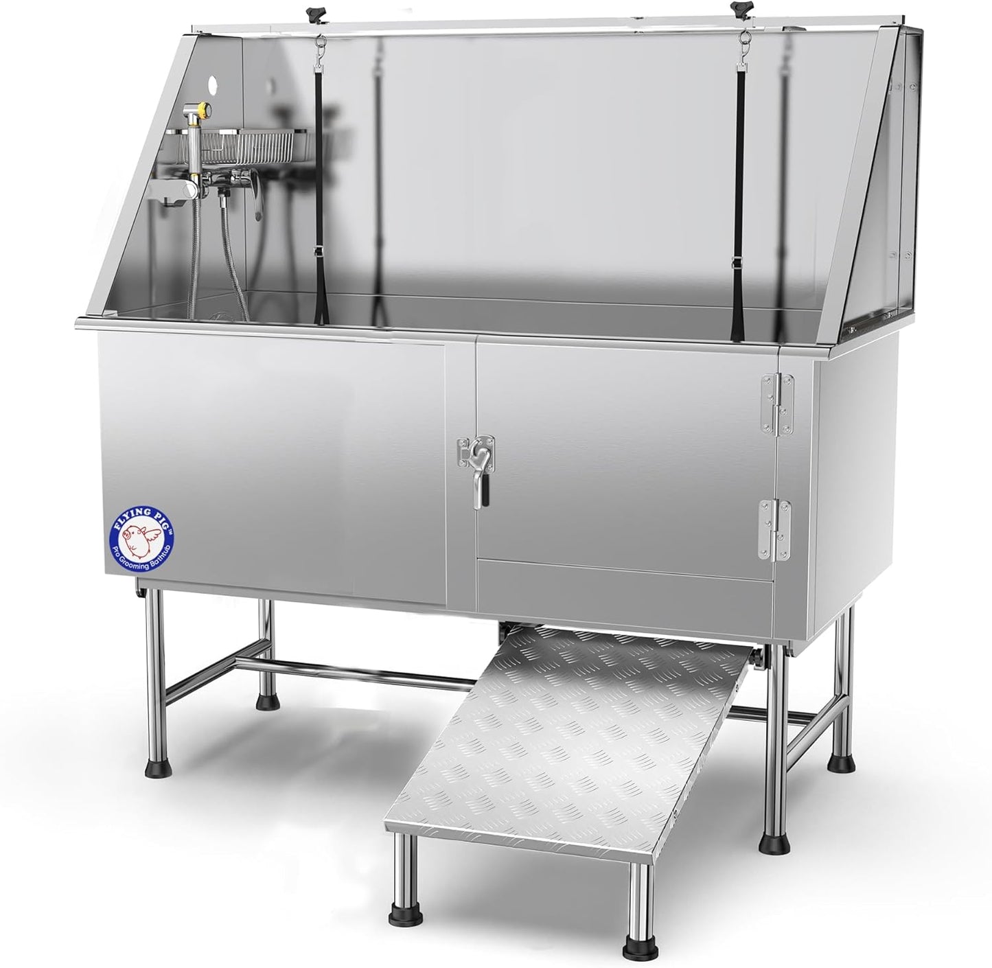 62" Stainless Steel Pet Dog Bath Tub with Faucet (Right Door/Left Drain), 62 X 27 X 58"