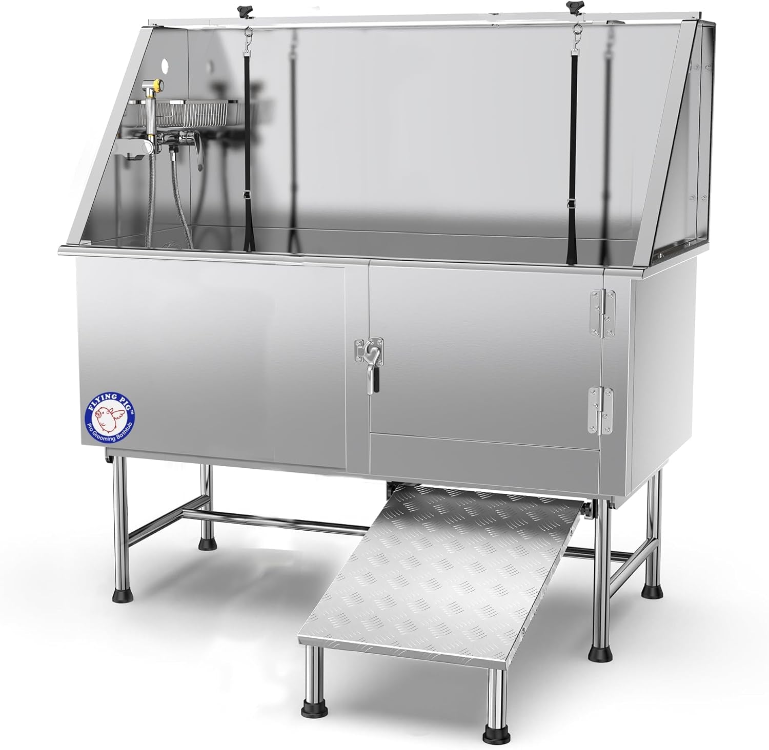 62" Stainless Steel Pet Dog Bath Tub with Faucet (Right Door/Left Drain), 62 X 27 X 58"