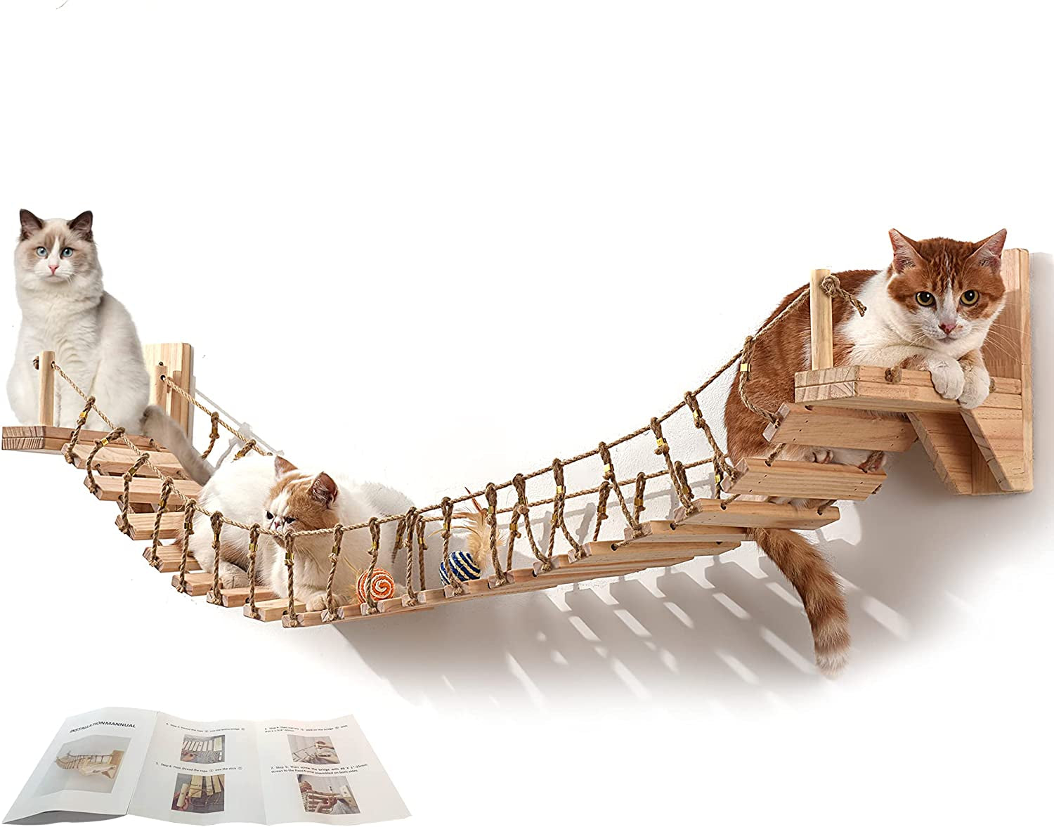 Cat Wall Shelves Cat Bridge with 2 Fixed Brackets & Cat Toys, Wood Cat Beds & Furniture Cat Perch Floating Hammock Cat Cloud Shelf Board Cat Condo Tree Cat Climber