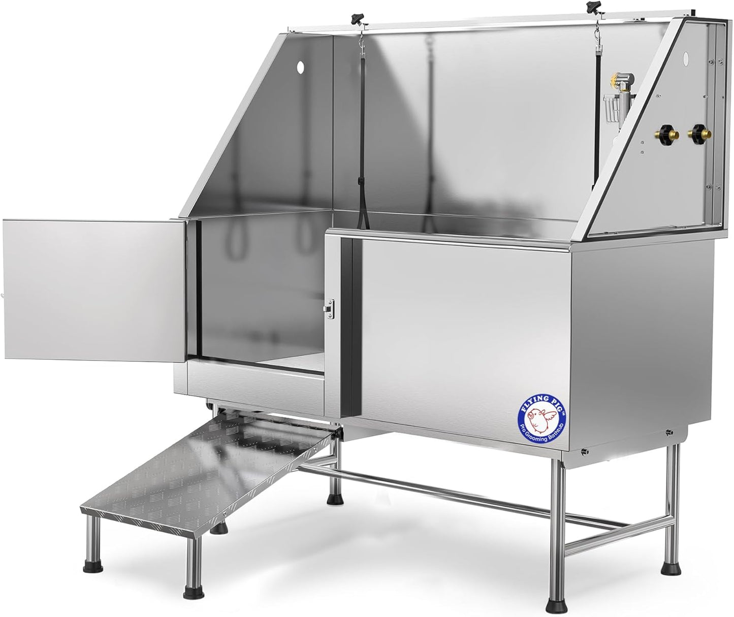 Flying Pig 62" Stainless Steel Pet Dog Grooming Bath Tub with Walk-In Ramp & Accessories (Left Door/Right Drain)