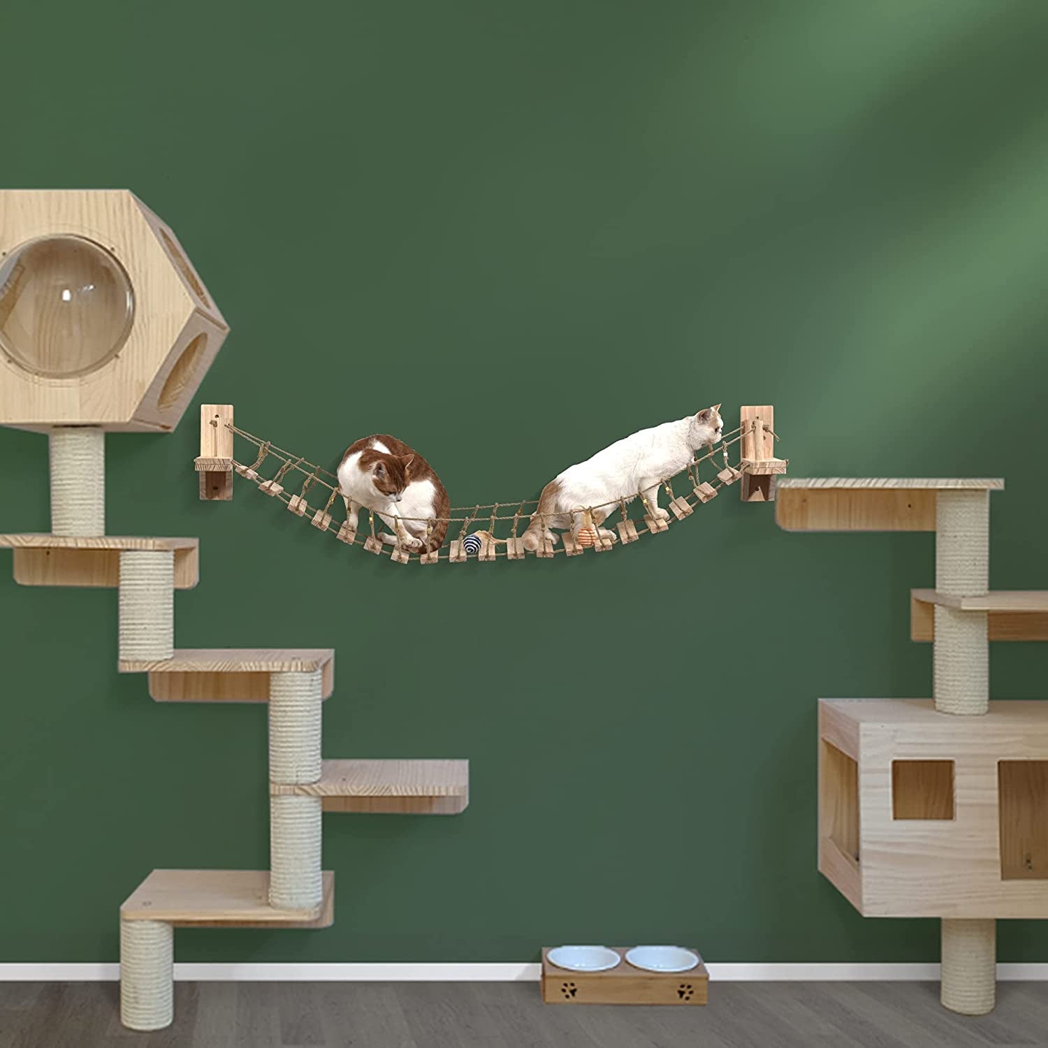 Cat Wall Shelves Cat Bridge with 2 Fixed Brackets & Cat Toys, Wood Cat Beds & Furniture Cat Perch Floating Hammock Cat Cloud Shelf Board Cat Condo Tree Cat Climber