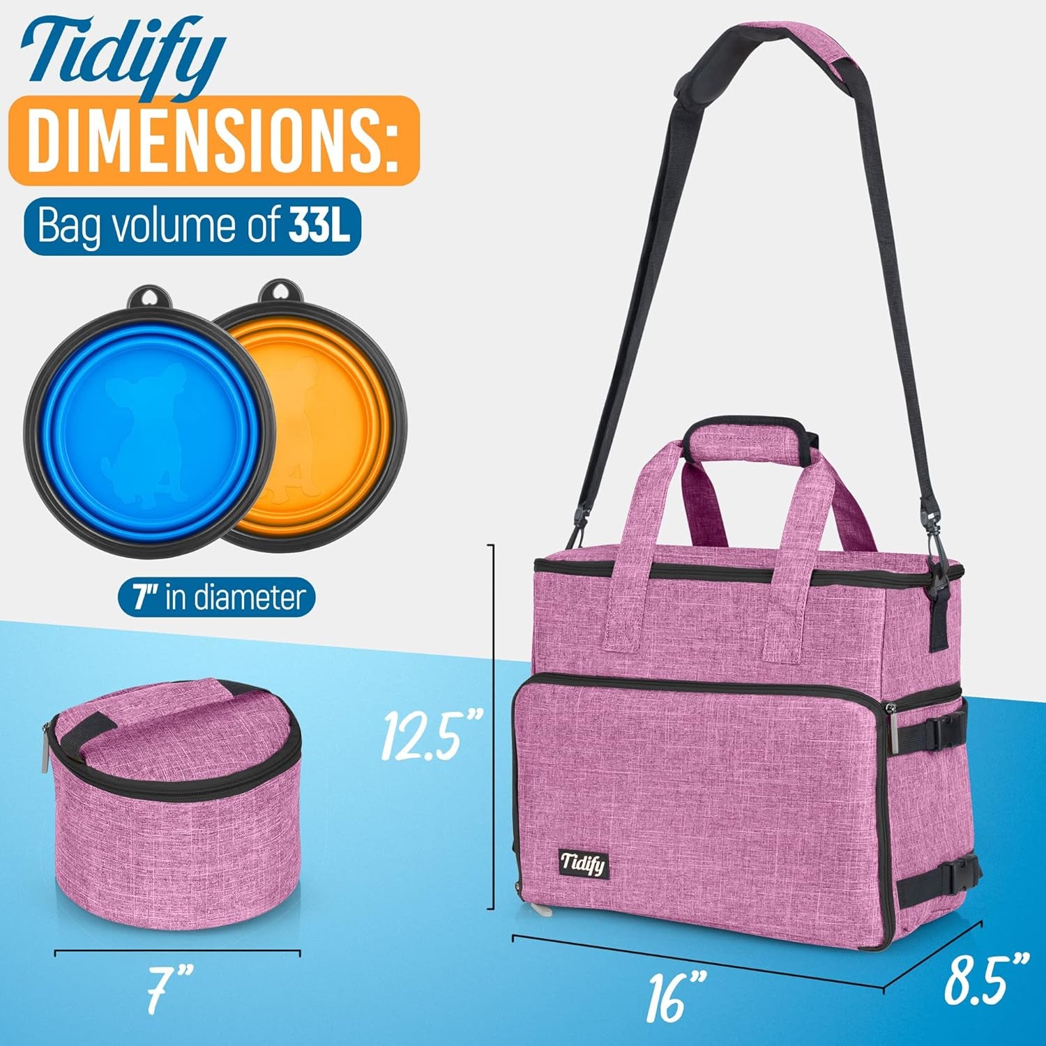 Dog Travel Bag Airline Approved for Dog and Cat Tote Organizer with Multi Function Pockets, 2 Food Containers and Collapsible Bowls, Weekend Away Dog Bag for Travel Accessories (Pink)