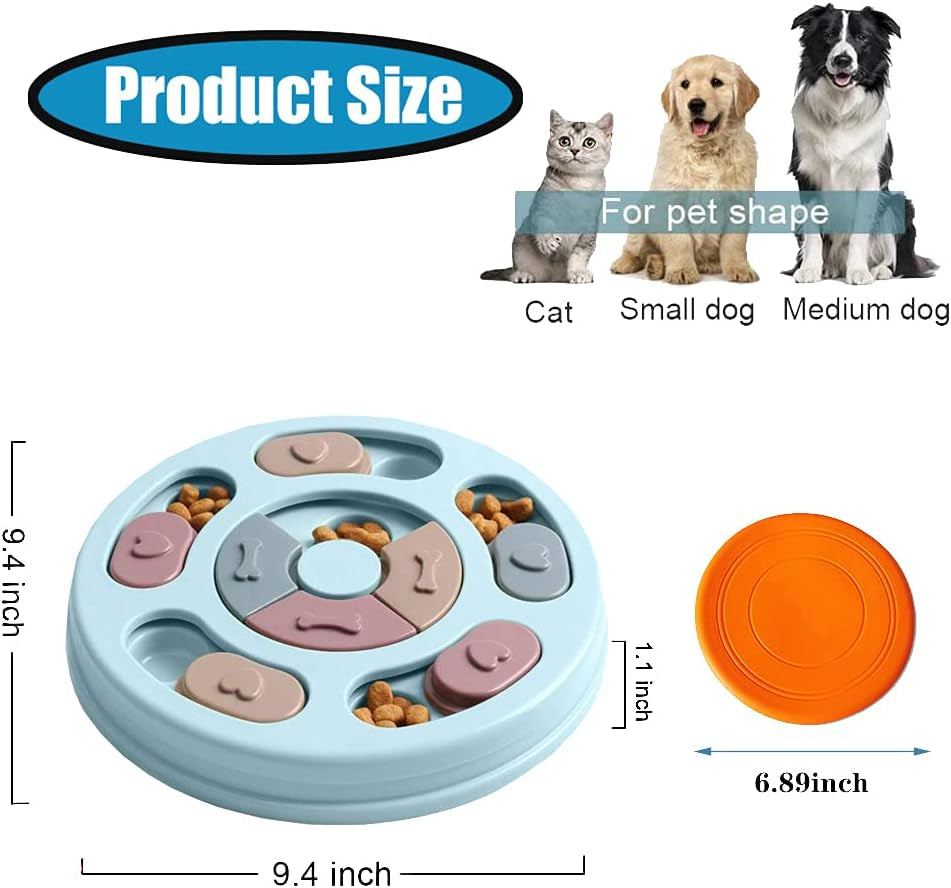 Dog Puzzle Toys and Flying Turntable Toy Sets, Interactive Training Treats Dog Toys, Slow Feeder Dog Toys to Aid Pets Digestion, Prevent Puppy Dogs Boredom and Anxiety (Blue, Round)