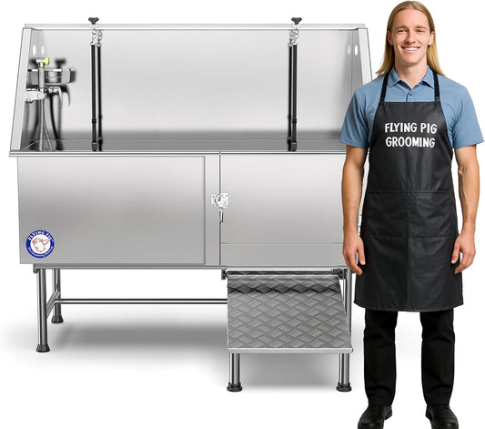 62" Stainless Steel Pet Dog Bath Tub with Faucet (Right Door/Left Drain), 62 X 27 X 58"