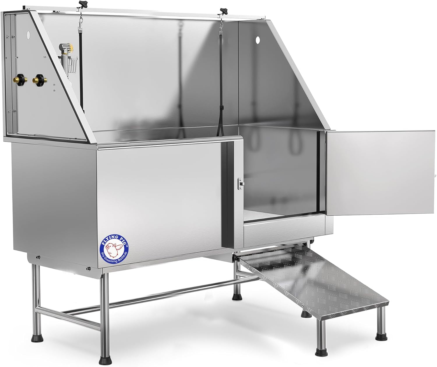 62" Stainless Steel Pet Dog Bath Tub with Faucet (Right Door/Left Drain), 62 X 27 X 58"