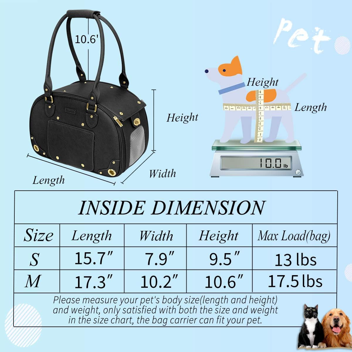 Dog Carrier, Pet Carrier, Dog Purse, Foldable Waterproof Premium PU Leather Pet Travel Portable Bag Carrier for Cat and Small Dog Home & Outdoor Small Black