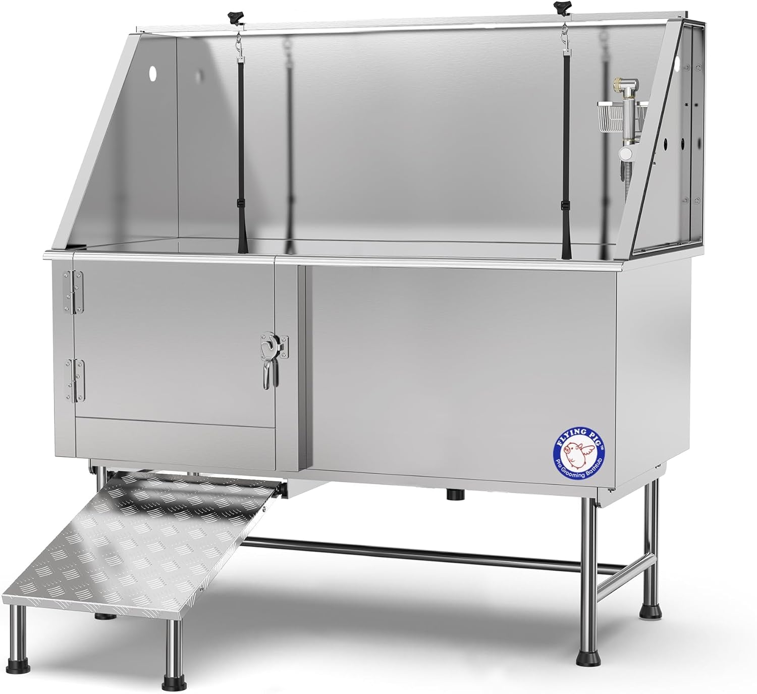 Flying Pig 62" Stainless Steel Pet Dog Grooming Bath Tub with Walk-In Ramp & Accessories (Left Door/Right Drain)